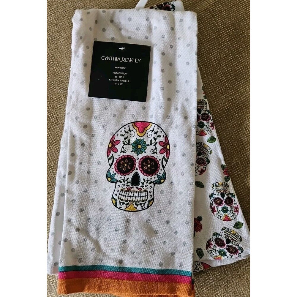 Cynthia Rowley Kitchen Towels Sugar Skull Day of the Dead Set of 2 New